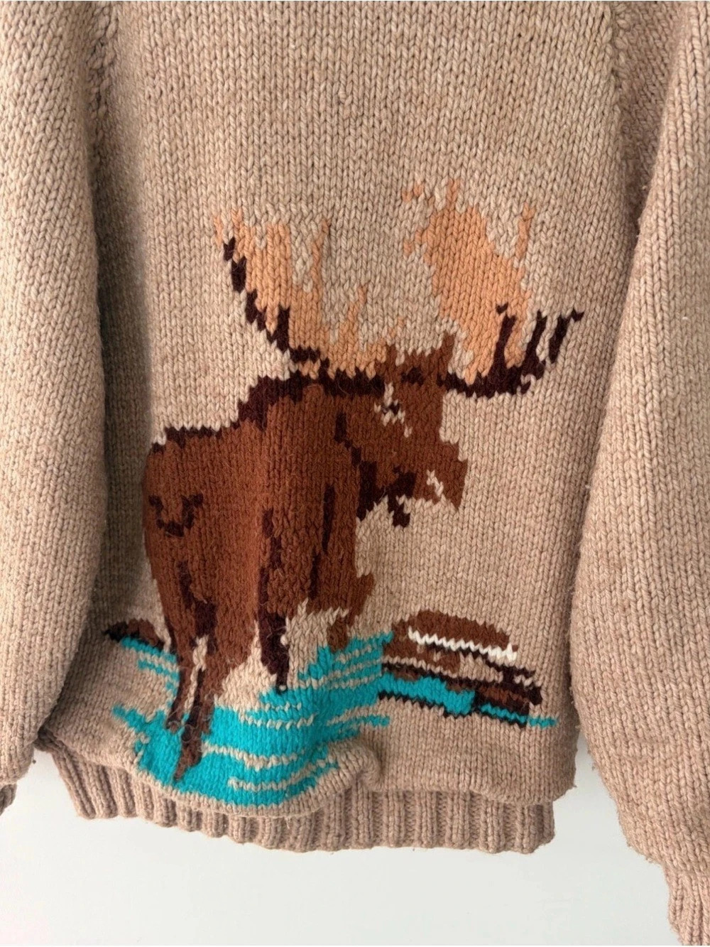 Vintage 1940s/50s Cowichan Moose Print Sweater Jacket Talon Zipper Size XL
